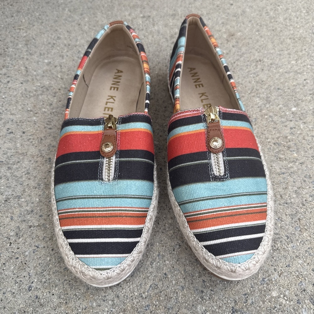 Anne Klein Women's Shoes Striped Espadrille Zip Sandals US Size 10M
